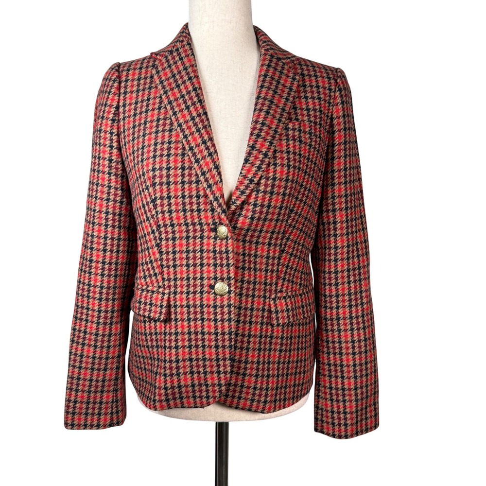 J Crew Houndstooth Blazer Red Black Tan Women 4 Classic Career Equestrian Office
